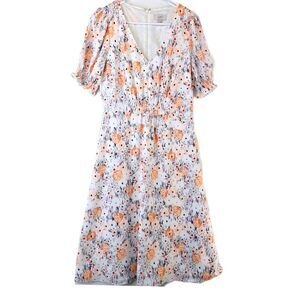 LOFT Floral Midi Dress Puff Sleeve V-Neck Romantic Spring Summer Women's 4 Peach